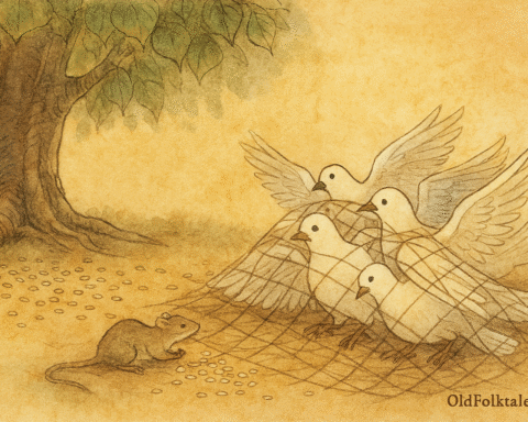 Parchment-style illustration of Pakistani mouse freeing doves from net beneath peepal tree near Multan