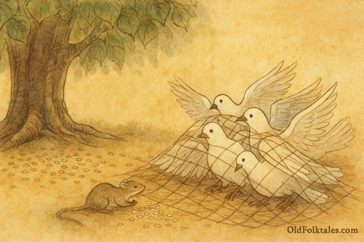 Parchment-style illustration of Pakistani mouse freeing doves from net beneath peepal tree near Multan