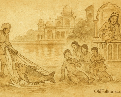 Parchment-style illustration of Bangladeshi prince collapsing as boal fish is hauled from palace tank