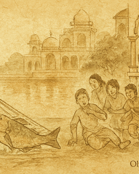 Parchment-style illustration of Bangladeshi prince collapsing as boal fish is hauled from palace tank