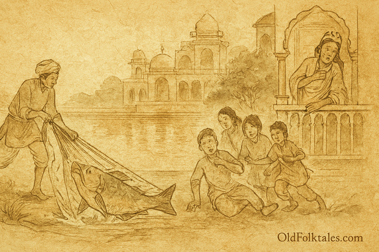 Parchment-style illustration of Bangladeshi prince collapsing as boal fish is hauled from palace tank