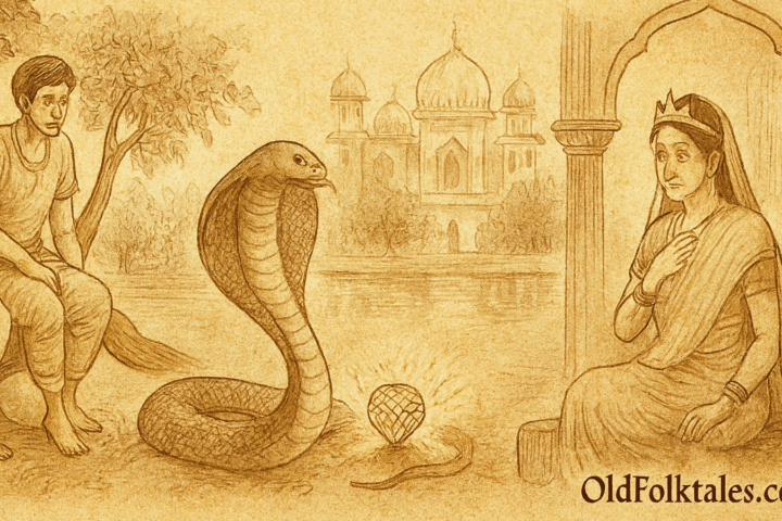 Parchment-style illustration of Bangladeshi prince and friend watching serpent jewel near palace tank