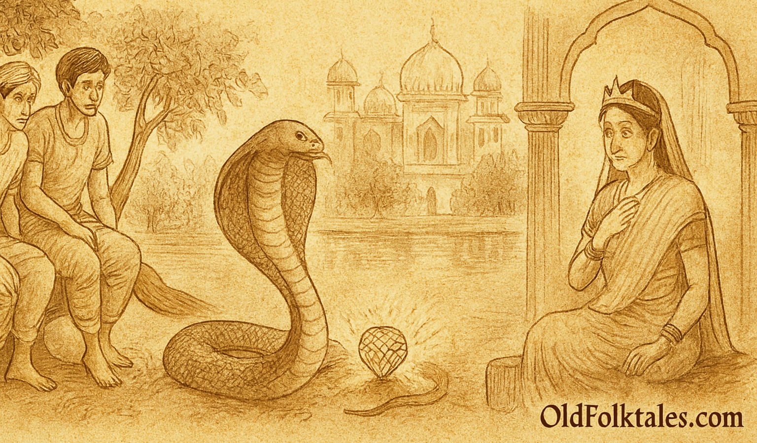 Parchment-style illustration of Bangladeshi prince and friend watching serpent jewel near palace tank