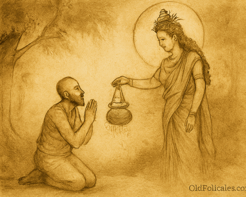 Parchment-style illustration of goddess Durga gifting magical pot to Brahman in forest clearing