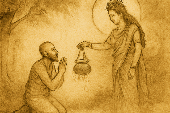 Parchment-style illustration of goddess Durga gifting magical pot to Brahman in forest clearing