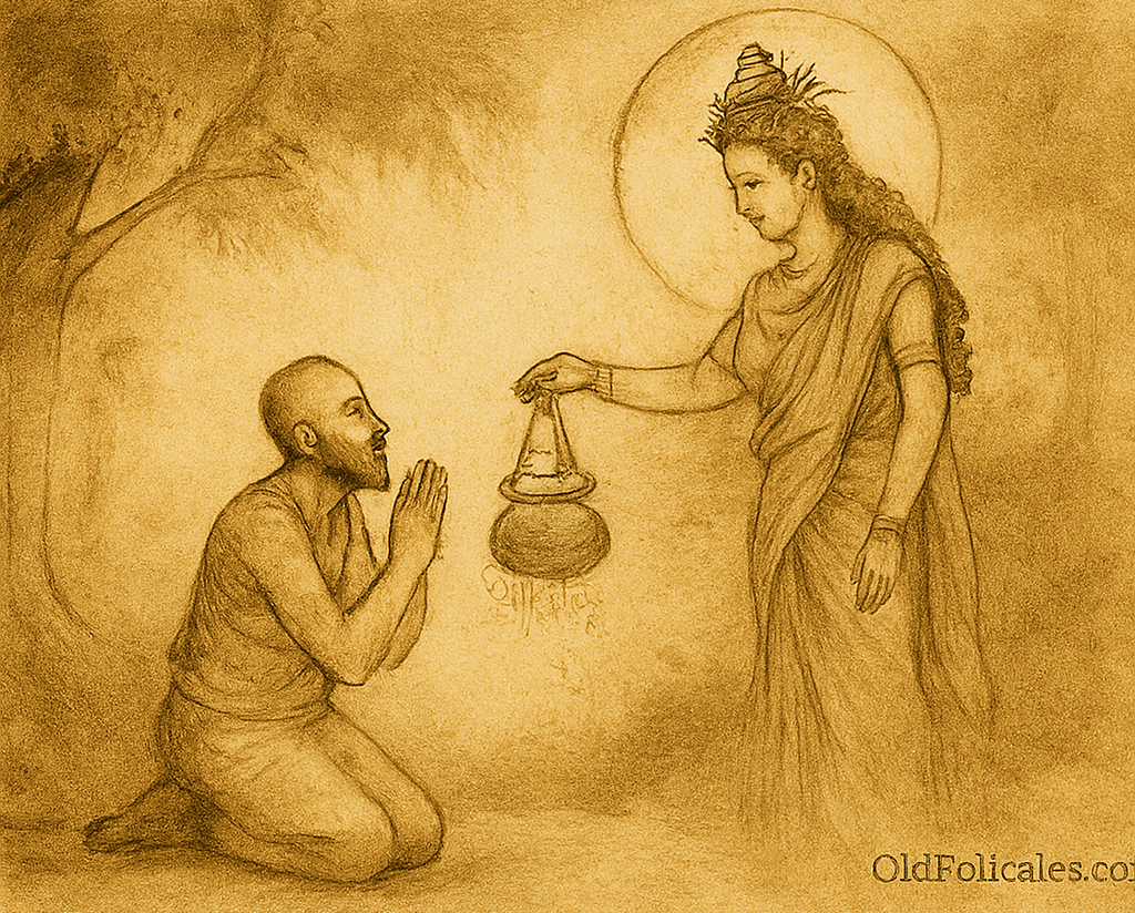 Parchment-style illustration of goddess Durga gifting magical pot to Brahman in forest clearing