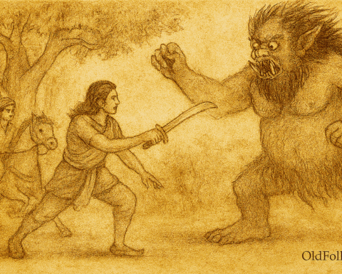 Parchment-style illustration of Bangladeshi brothers confronting Rakshasi at temple with winged horses