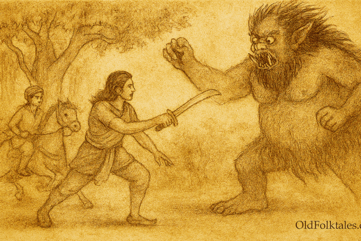 Parchment-style illustration of Bangladeshi brothers confronting Rakshasi at temple with winged horses