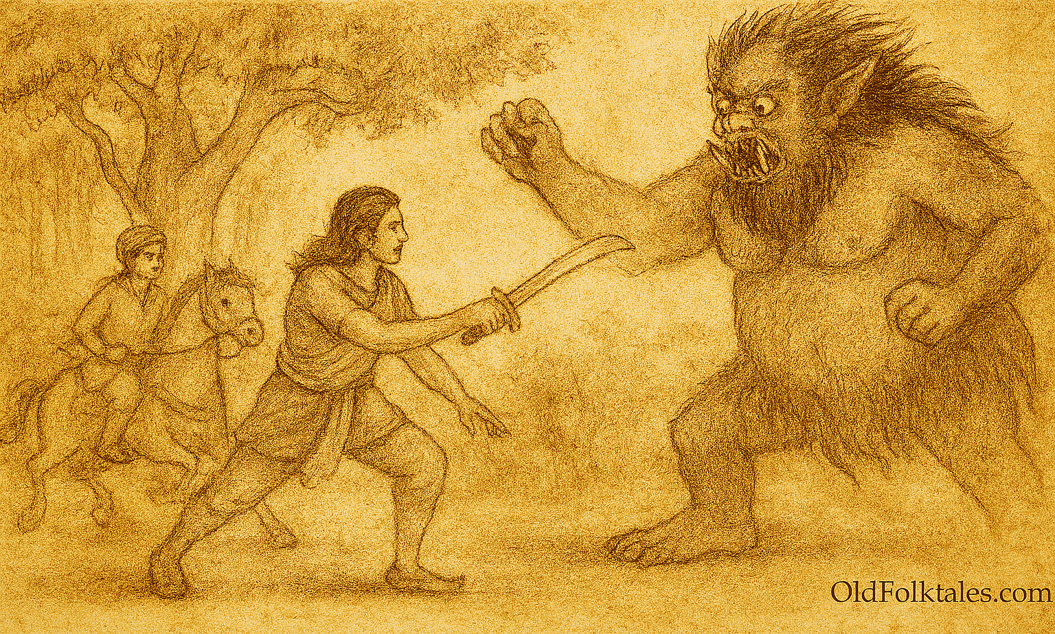 Parchment-style illustration of Bangladeshi brothers confronting Rakshasi at temple with winged horses