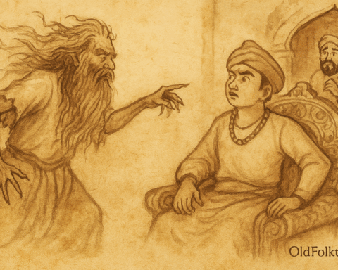 Parchment-style illustration of Nepali priest exposing barber’s scheme before shocked prince and courtiers