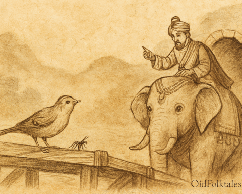 Parchment-style illustration of Nepali sparrow and ant confronting king atop elephant on village bridge