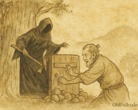 Parchment-style illustration of Nepali woodcutter sealing tree to trap Death in carved forest chamber