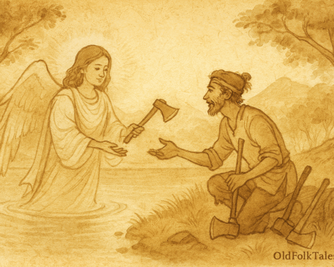 Parchment-style illustration of Nepali angel offering three magical axes to honest woodcutter Ramhari beside forest pond