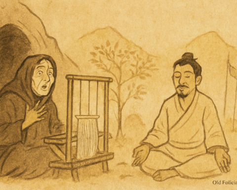 Parchment-style illustration of Bhutanese man tricking dye merchant’s wife beside cave with mountain loom