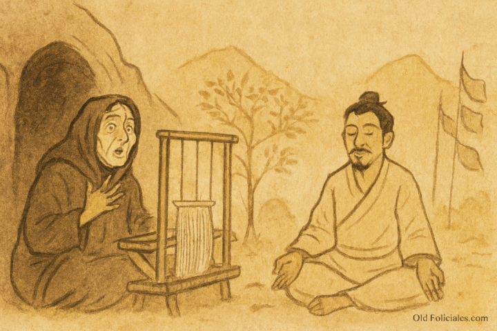 Parchment-style illustration of Bhutanese man tricking dye merchant’s wife beside cave with mountain loom