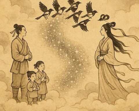 Niulang and Zhinü meeting on the magpie bridge under the Milky Way, Chinese folktale scene.