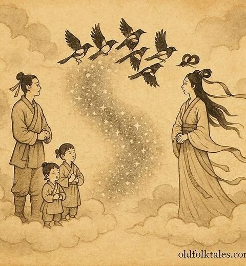 Niulang and Zhinü meeting on the magpie bridge under the Milky Way, Chinese folktale scene.