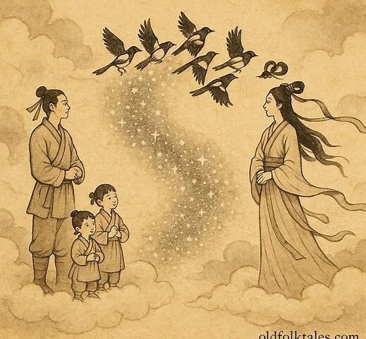 Niulang and Zhinü meeting on the magpie bridge under the Milky Way, Chinese folktale scene.