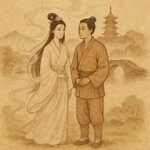 Bai Suzhen and Xu Xian standing by West Lake under soft mist, Chinese folktale scene.