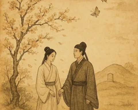 Zhu Yingtai and Liang Shanbo transforming into butterflies beside a blossoming tree, Chinese folktale scene