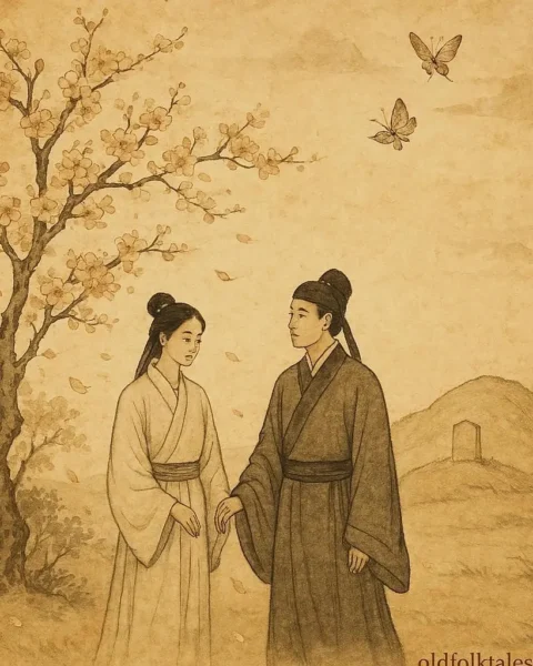 Zhu Yingtai and Liang Shanbo transforming into butterflies beside a blossoming tree, Chinese folktale scene