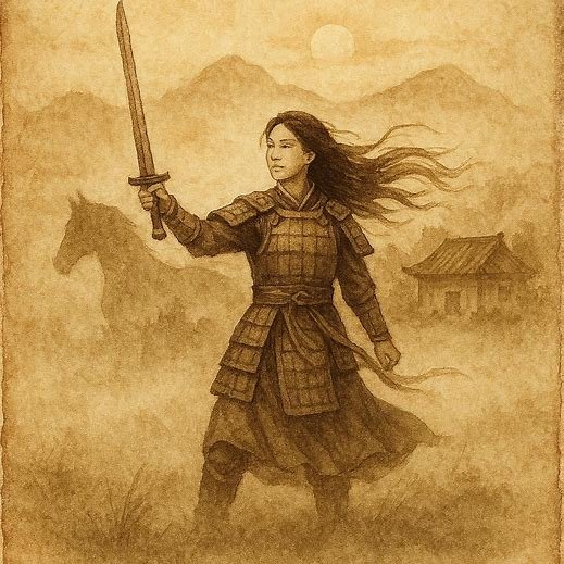 Hua Mulan standing in armor on a battlefield with her sword raised and hair flowing, symbolizing courage and devotion.