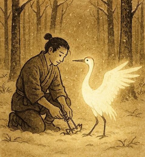 Yohei freeing a white crane in a snowy Japanese forest, symbolizing kindness and gratitude.