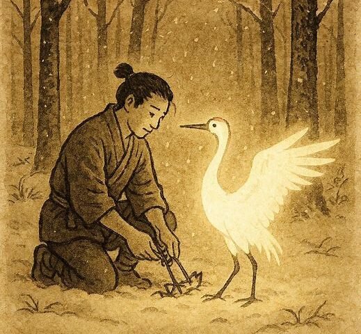 Yohei freeing a white crane in a snowy Japanese forest, symbolizing kindness and gratitude.