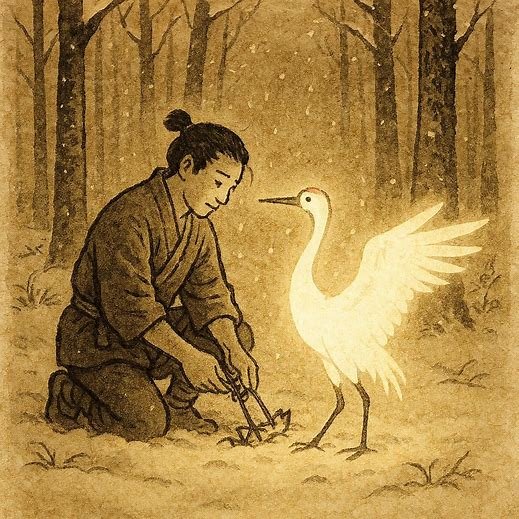 Yohei freeing a white crane in a snowy Japanese forest, symbolizing kindness and gratitude.