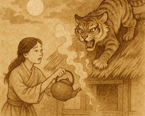 the clever girl defeating Aunt Tiger with boiling water in this Taiwanese folktale.
