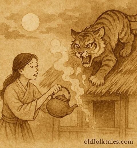 the clever girl defeating Aunt Tiger with boiling water in this Taiwanese folktale.