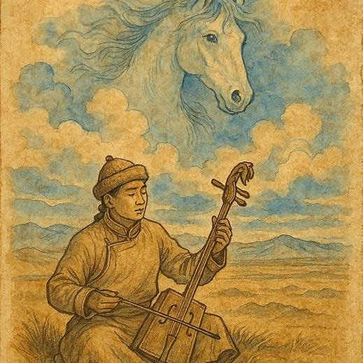 Namjil playing the morin khuur while Aranjagaan’s spirit appears in the sky, Mongolian folktale.