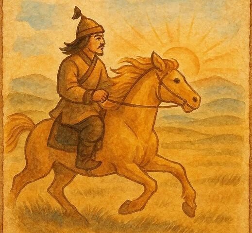 Batu riding the golden horse across the Mongolian steppe in this Mongolian folktale.