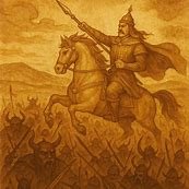 King Jangar on horseback leading warriors into battle across the Mongolian steppe.