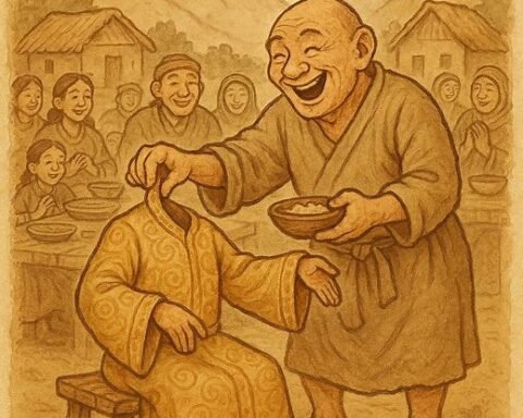 Akhu Tönpa feeding food into his robe sleeves to teach humility during a Tibetan village feast.