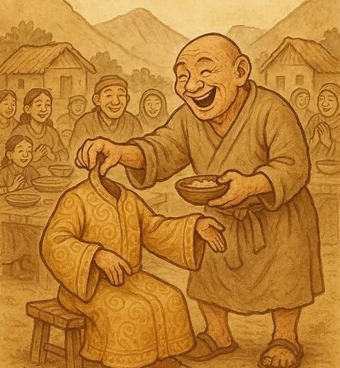 Akhu Tönpa feeding food into his robe sleeves to teach humility during a Tibetan village feast.