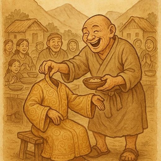 Akhu Tönpa feeding food into his robe sleeves to teach humility during a Tibetan village feast.