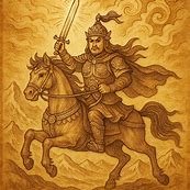 King Gesar riding his divine horse across the Tibetan mountains, symbolizing courage and justice.