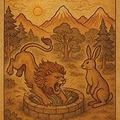 a clever hare tricking a roaring lion into jumping into a forest well.