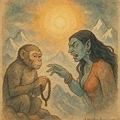 the wise monkey and the ogress on Mount Gongpori under Avalokiteśvara’s light, symbolizing the origin of the Tibetan people.