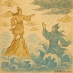Mountain God raising mountains above floodwaters while the Water God stirs the seas in this Vietnamese legend.