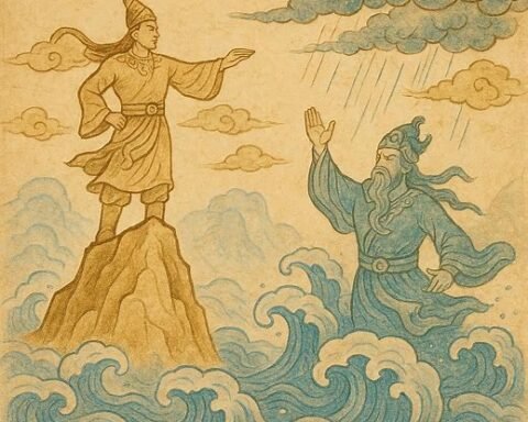Mountain God raising mountains above floodwaters while the Water God stirs the seas in this Vietnamese legend.