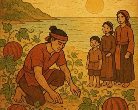 Mai An Tiêm and his family planting the first watermelon seeds on a tropical island in this Vietnamese legend.
