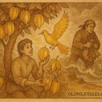 the kind younger brother sharing starfruit with a golden bird as his greedy brother falls into the sea, symbolizing virtue rewarded and greed punished.