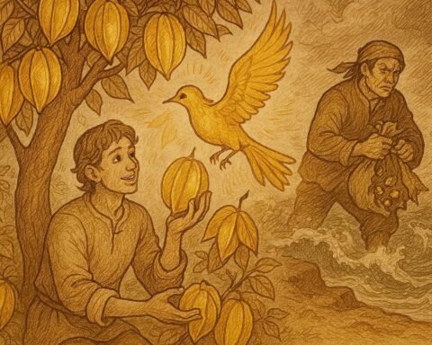 the kind younger brother sharing starfruit with a golden bird as his greedy brother falls into the sea, symbolizing virtue rewarded and greed punished.