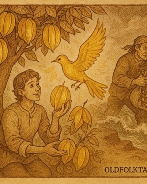 the kind younger brother sharing starfruit with a golden bird as his greedy brother falls into the sea, symbolizing virtue rewarded and greed punished.