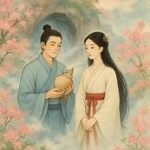 Từ Thức and Giáng Hương in a heavenly garden, symbolizing love between mortal and divine realms in Vietnamese folklore