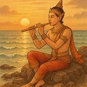 Prince Phra Aphai Mani playing a golden flute beside the sea at sunrise, symbolizing wisdom, peace, and the triumph of music over conflict.