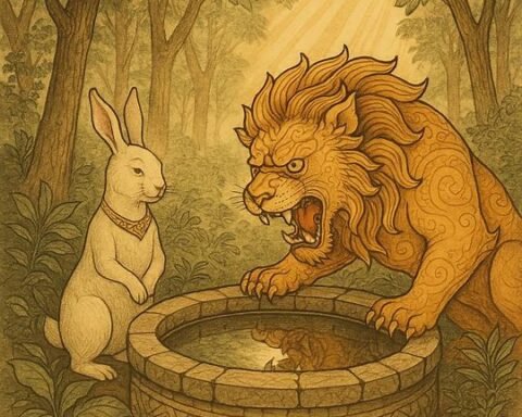 a clever rabbit tricking a lion into leaping into a forest well, symbolizing the victory of wisdom and courage over pride and brute strength.