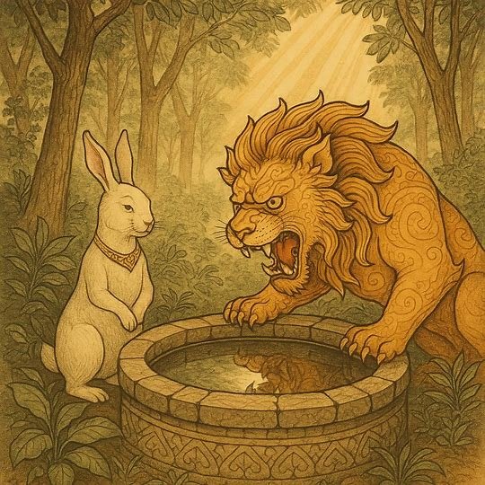 a clever rabbit tricking a lion into leaping into a forest well, symbolizing the victory of wisdom and courage over pride and brute strength.